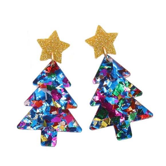 Adorable confetti lucite in bright colors Christmas Tree earrings With gold star - Picture 1 of 2